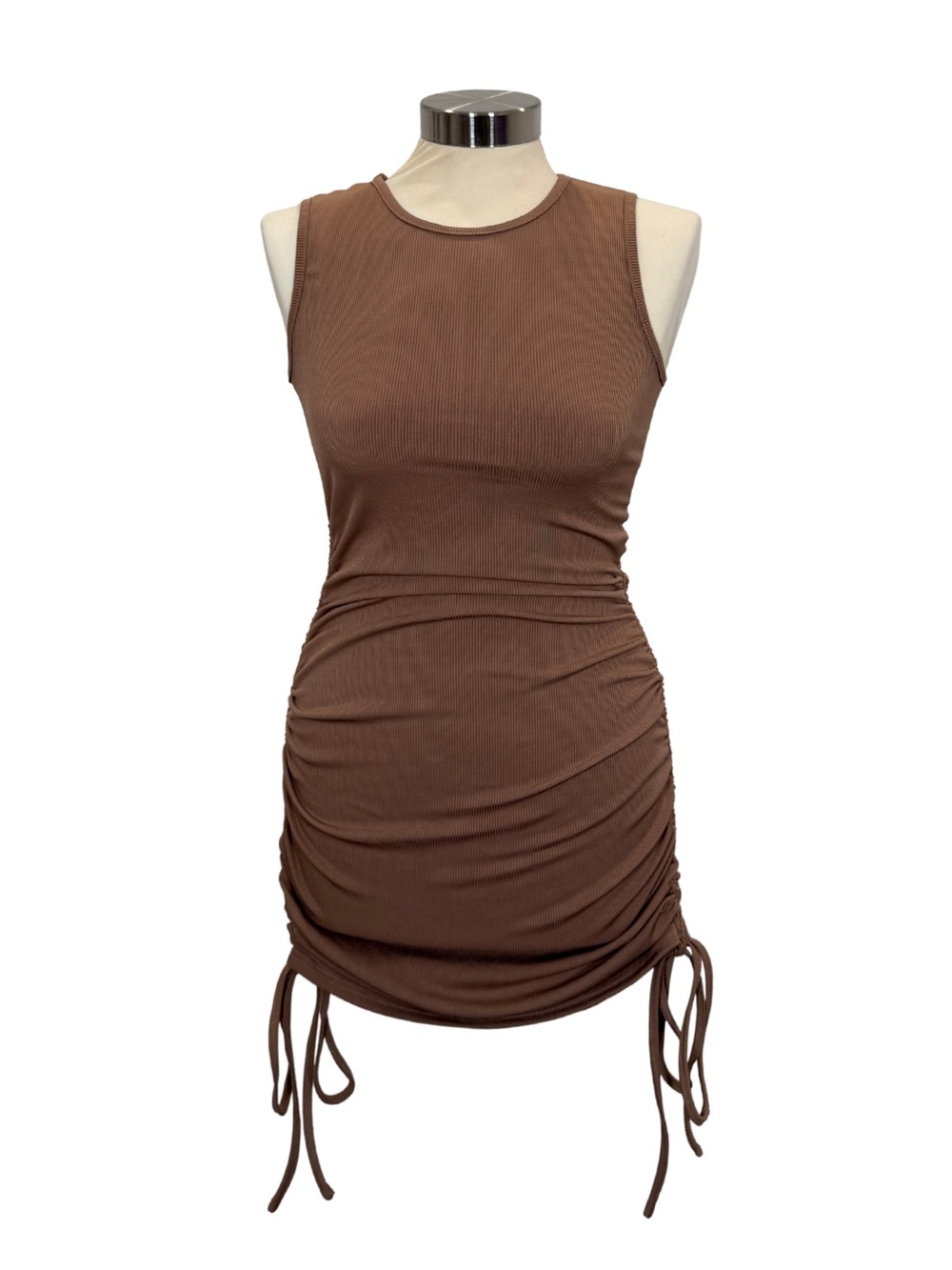 Sleeveless Ruched Bodycon Dress - Brown